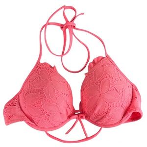 Victoria’s Secret Sz 34B Pink Crochet Lace Push Up Bikini Top Halter Tie